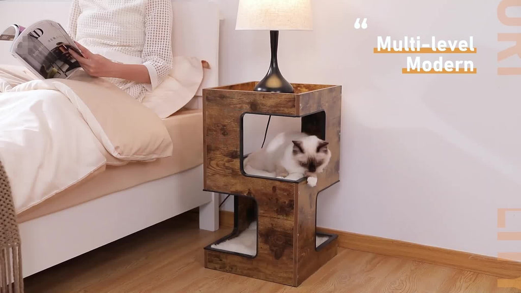 23.6-Inch Wood-Look Cat Tree Bed with Three Levels, Removable Soft Mats and Brown Finish for Indoor Cats — image 9