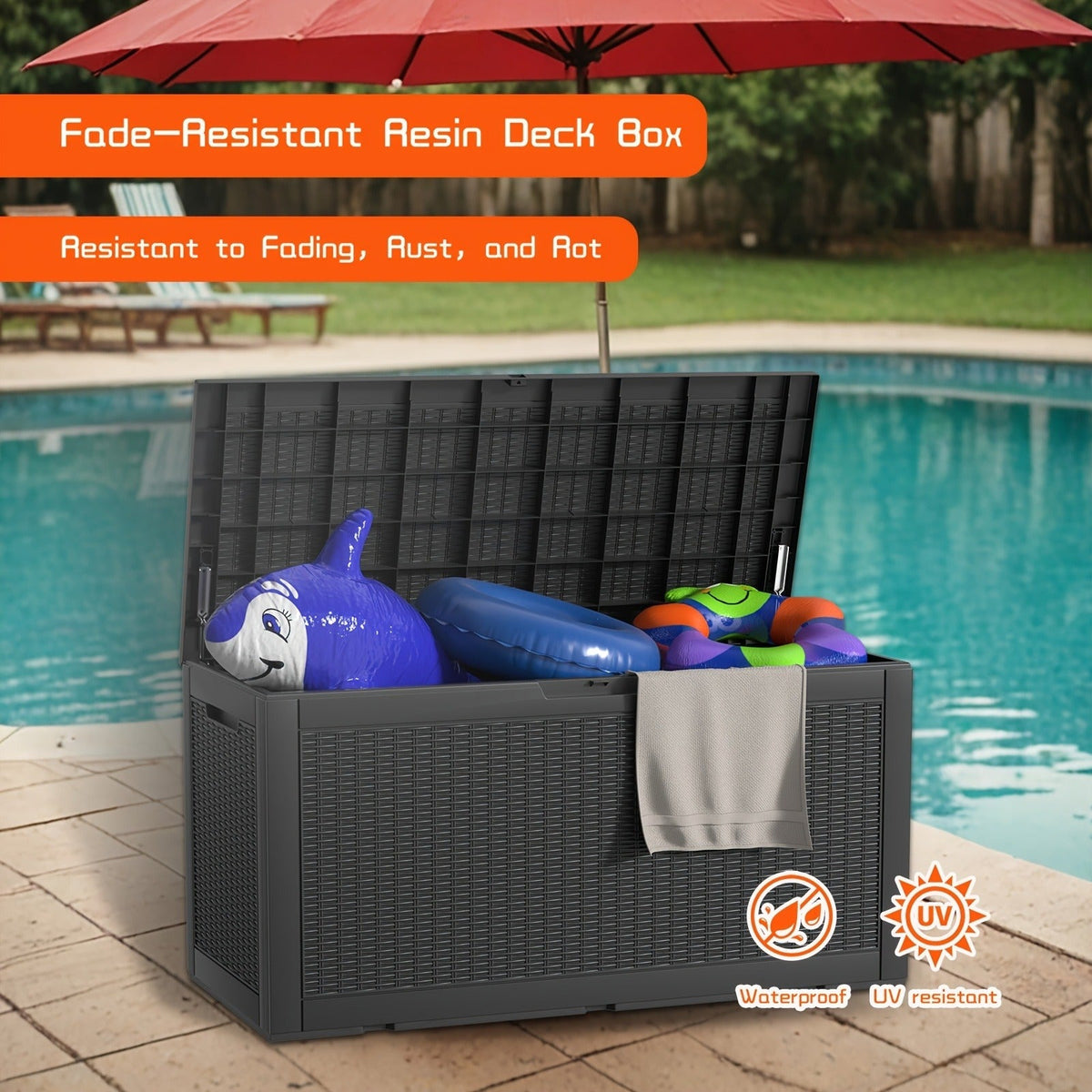 100-Gallon Rattan-Style Outdoor Deck Box with Lockable Lid, Lift Supports and Black Finish — image 11