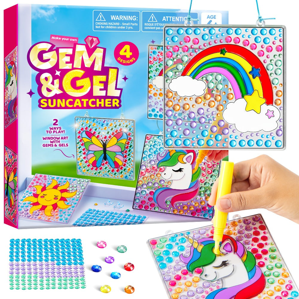 Suncatcher Painting Kit 4pcs for Kids, 2-in-1 Window Art with Gem Stickers & Paint Pens, Butterfly Unicorn Rainbow Sun Design