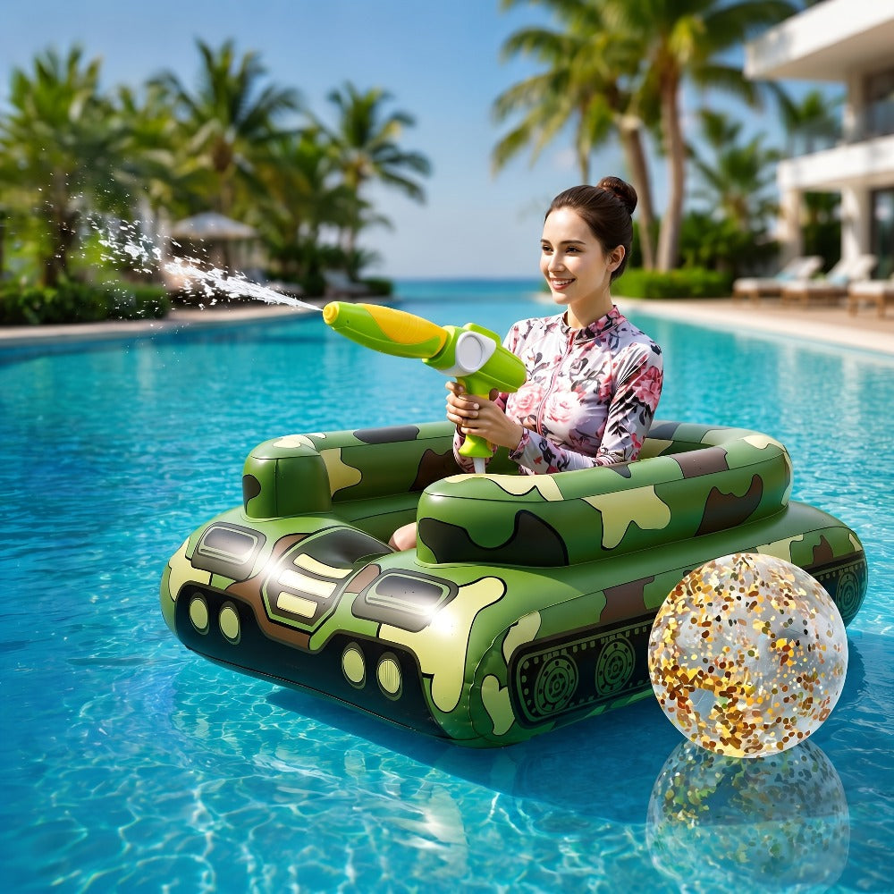 Ride-On Inflatable Pool Floats in Yellow Duck or 60-Inch Green Tank Styles with 16-Inch Beach Ball — image 8