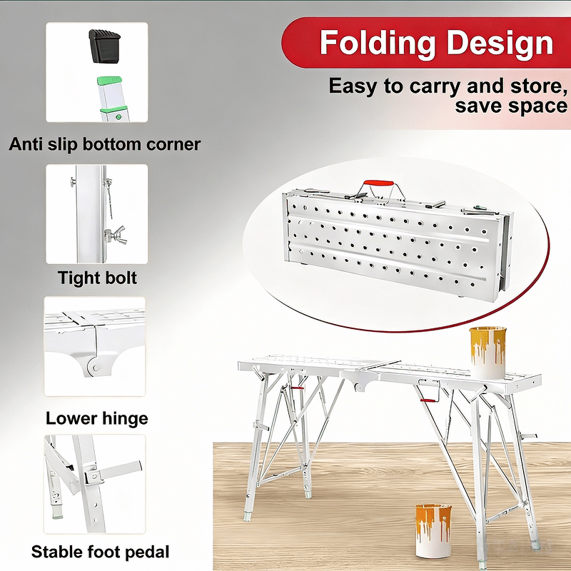 Aluminum Work Platform Height Adjustable Folding Portable Scaffold Bench Wide Base Safety Railing for Garden, Patio and Yard 