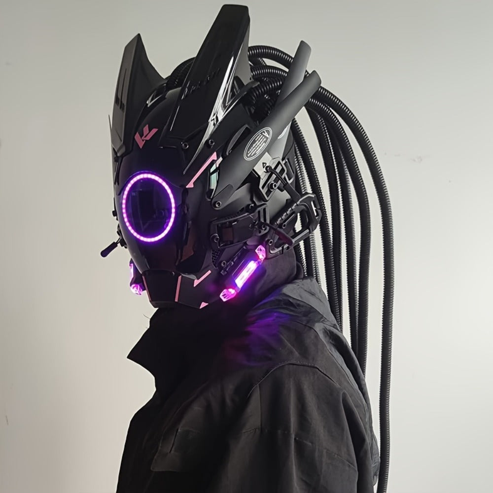 LED Braided Cyberpunk Costume Helmet with Circular Face Light and Blue, Green or Pink Accent Styles — image 12