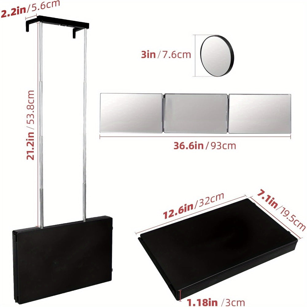 Hair Cutting Mirror 3 Way with LED Light – 360° View Trifold Barber Mirror, Adjustable Height, Door Hang Wall Mount or Tablet