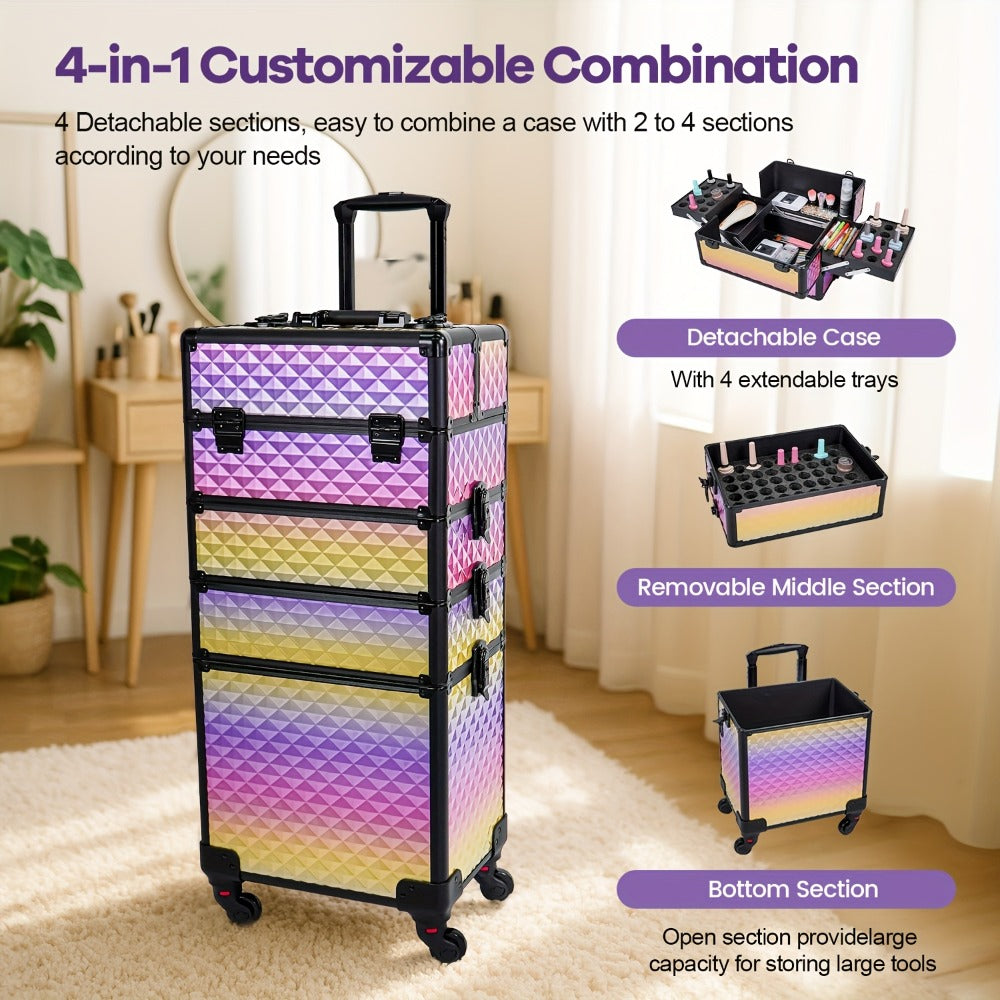 Makeup Train Case in a Large Rolling 4-in-1 Trolley Design with 360 Degree Swivel Wheels for Professional Salon Use — image 8