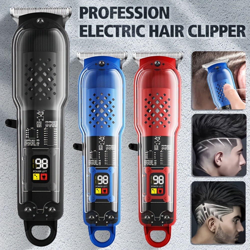 Transparent Electric Hair Clipper with Digital Display, Four Guide Combs, Grooming Tools and Red, Black or Blue Finish — imag