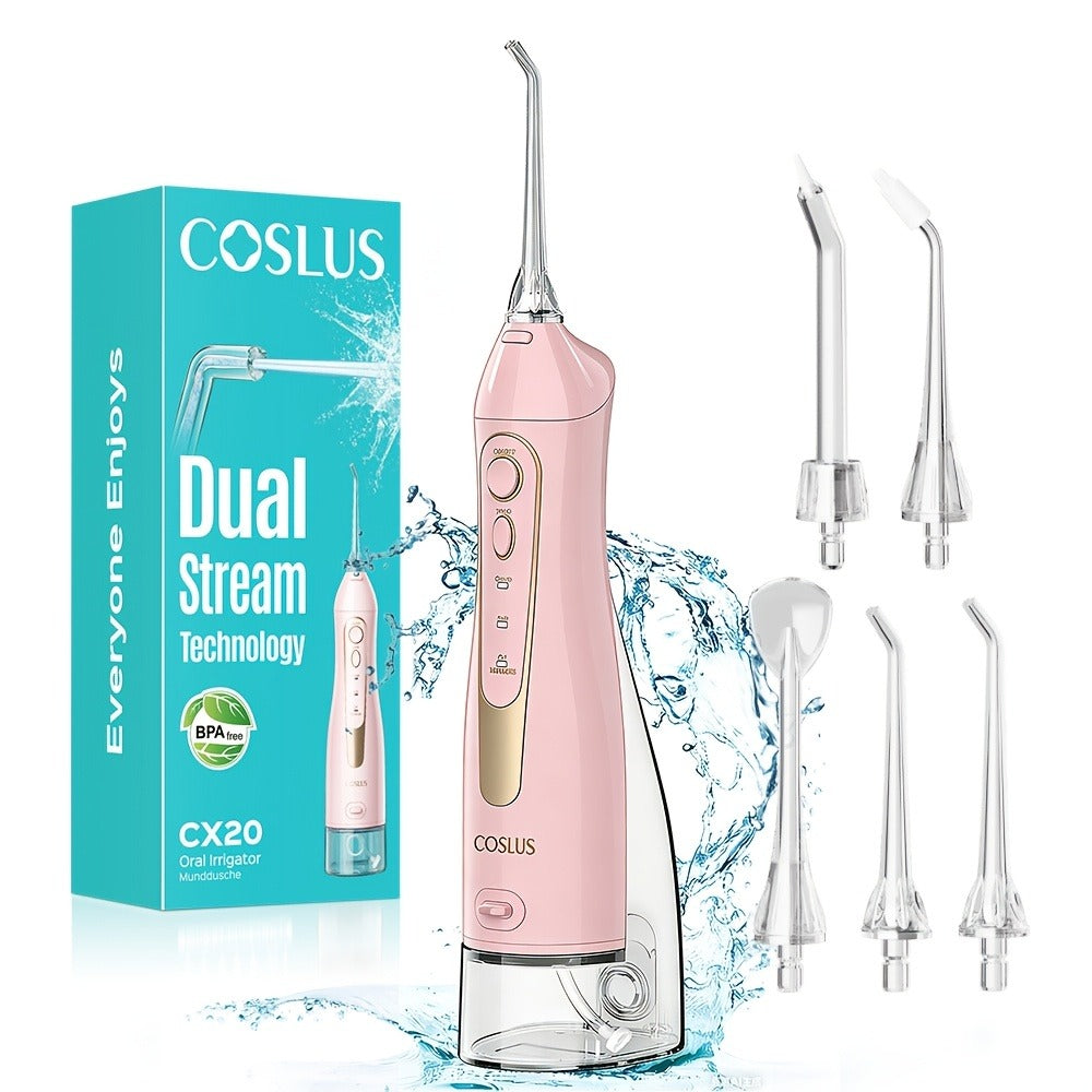 Water Flosser COSLUS CX20 Cordless Oral Irrigator with 300ml Detachable Tank, Five Tips, Rotating Nozzle and Gold Accents — i