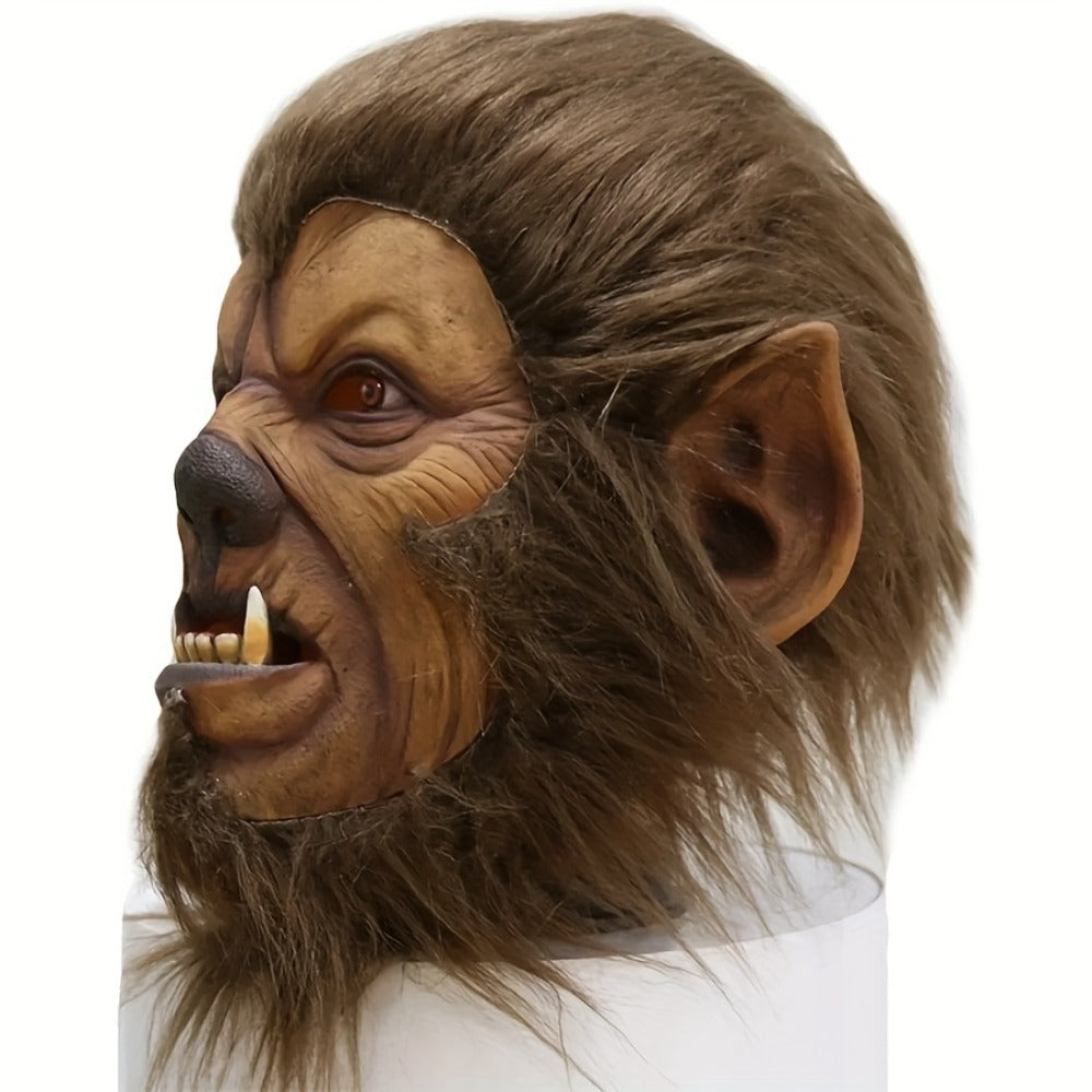 Hairy Brown Beast Costume Mask with Full-Head Creature Face, Pointed Ears and Faux-Fur Surround — image 4