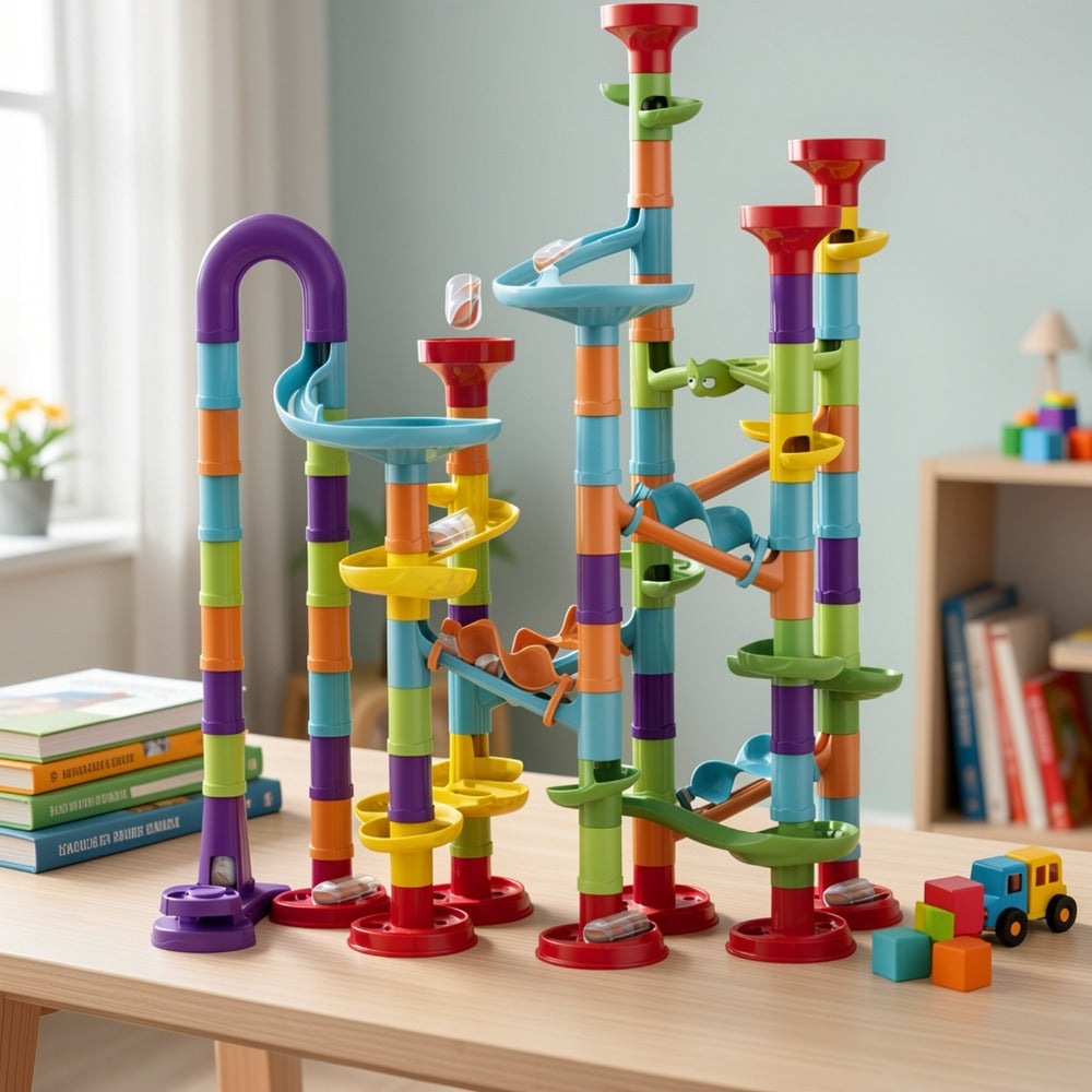 Marble Run Set Building Blocks for Kids 112/147pcs with Glass Marbles with the Listed Color, Size or Set Options for Everyday