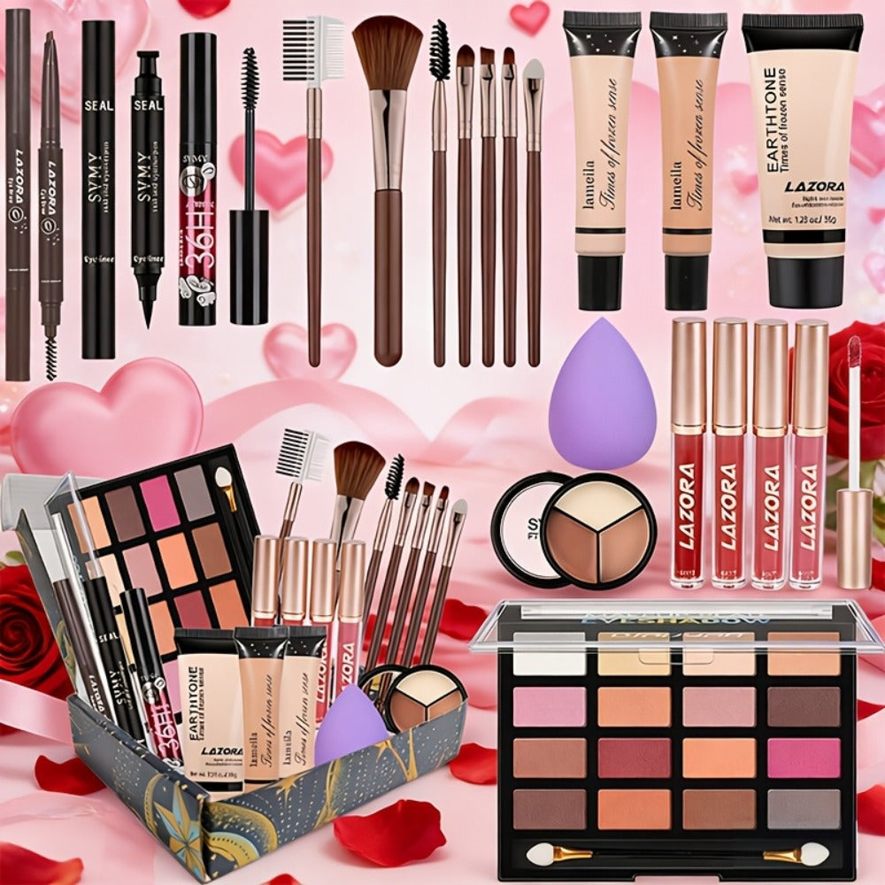 Makeup Kit with 18-Color Eyeshadow Palette, Face, Lip and Eye Cosmetics, Brushes and Tools in a Red Gift Box — image 4