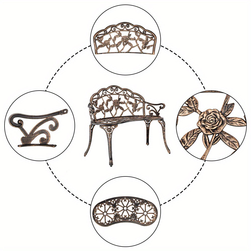 Floral Metal Outdoor Bench with 38.5in Rose-Pattern Seat and Back, Curved Arms and Four Color Options — image 8