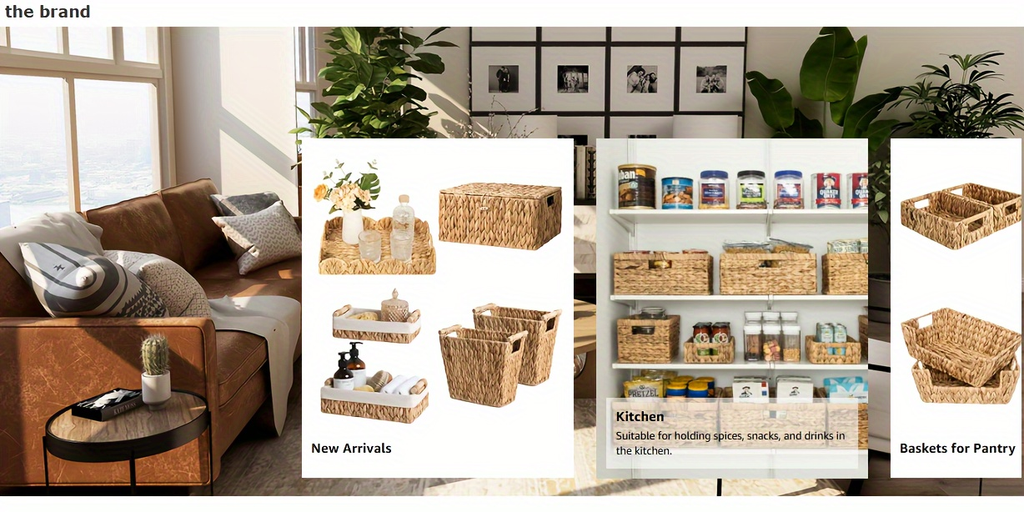 Storage Baskets, Seagrass and Water Hyacinth with Built-In Handles in Six Style Options with Material, Size and Pack Options 