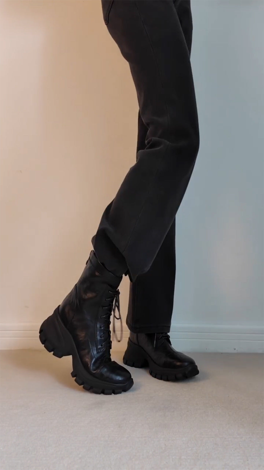 New Stylish Versatile Black Thick-soled Back Zipper Lace-up Motorcycle Boots