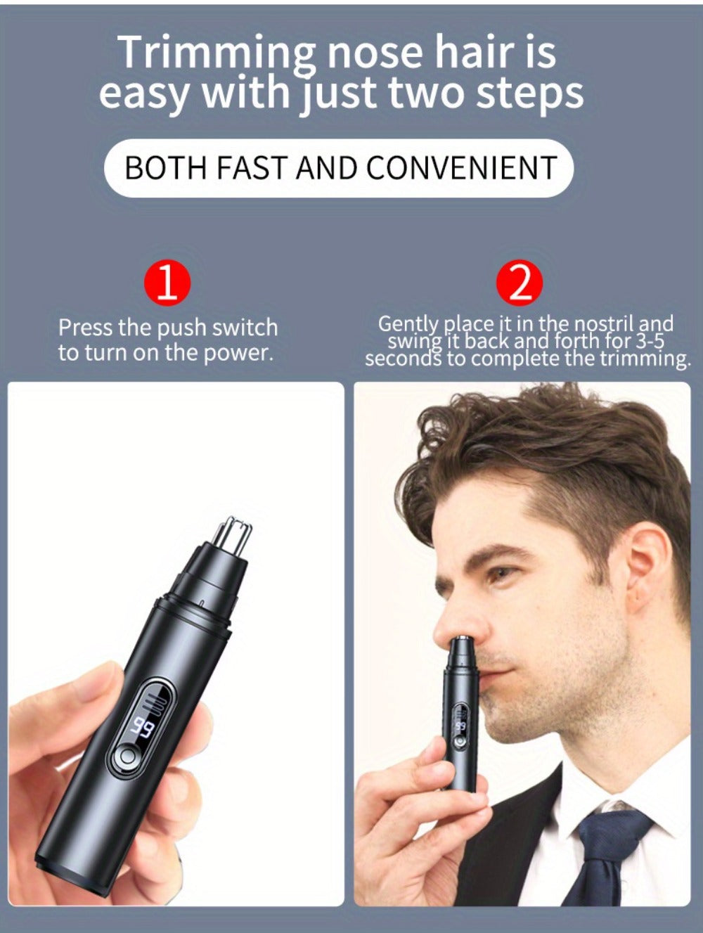 Nose Hair Trimmer Electric Painless 3-in-1 USB Rechargeable with LED Display – Trims Nose Ear Hair Eyebrows Waterproof Groomi