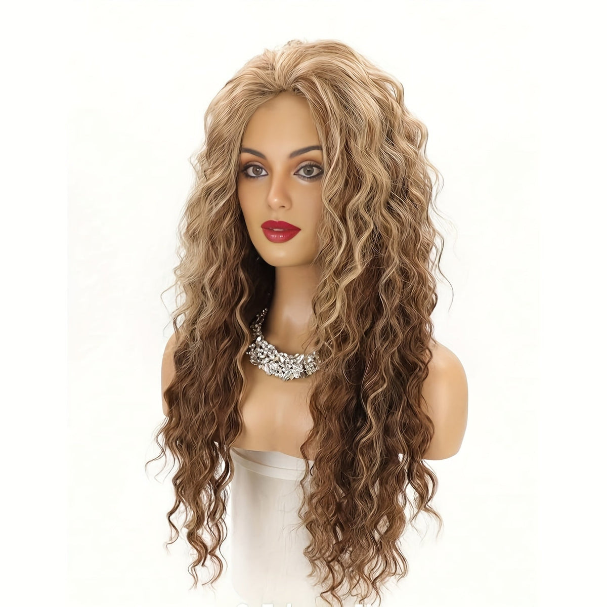 Synthetic Wig 30-Inch Long Curly Waves with Dark Roots, Middle Part and Three Ombre Colors — image 11