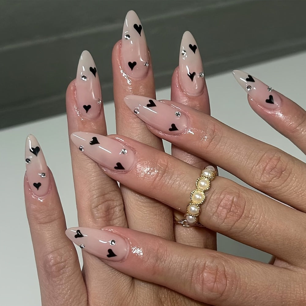 Press On Nails 144-Piece Short Almond Set with Pink Flowers, Rhinestones, Black French Tips and Glue — image 14