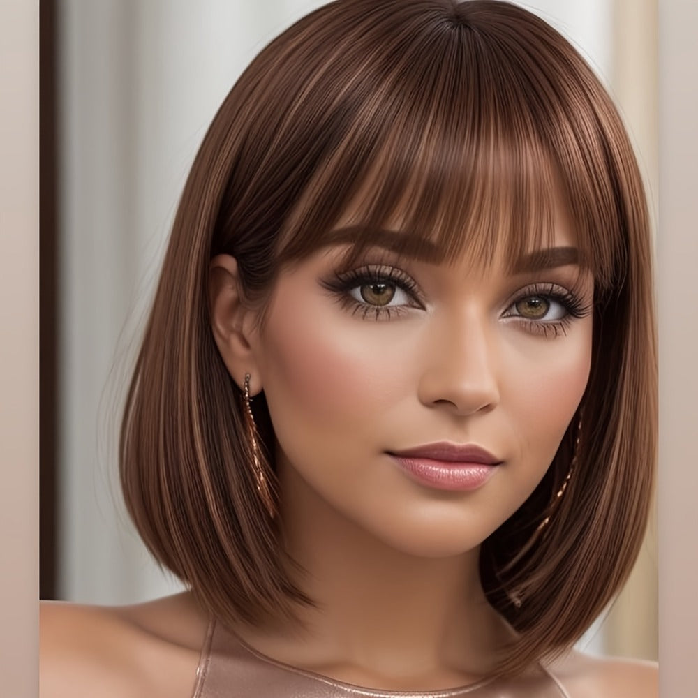 Synthetic Wig 12-Inch Straight Bob with Bangs and Rose Net Cap in Four Color Finishes for Daily Style — image 2