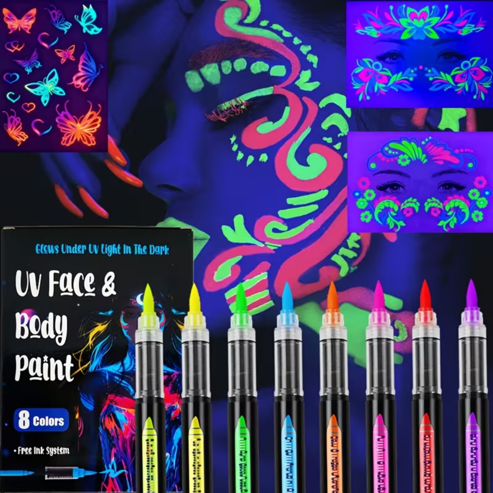 Face Body Paint Pen Set 8 Colors with 105 Tattoo Stencils, Glow in the Dark Neon UV Blacklight Face Paint — image 11