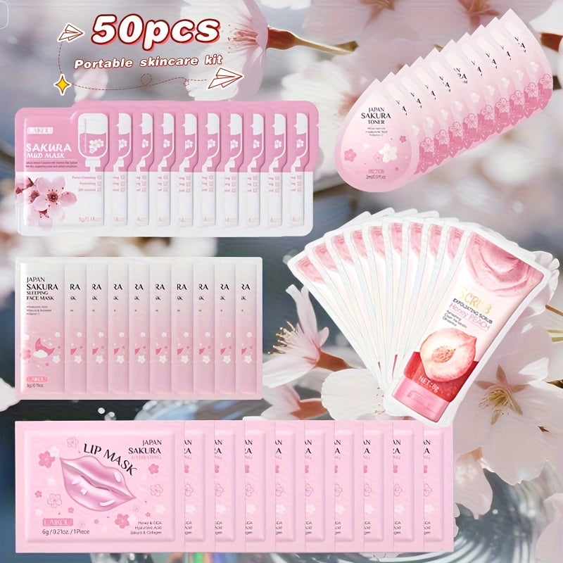 Skincare Set with LAIKOU Label, 50 Sakura Sachets Across Mud Mask Sleep Mask Scrub Lip Mask and Toner — image 10