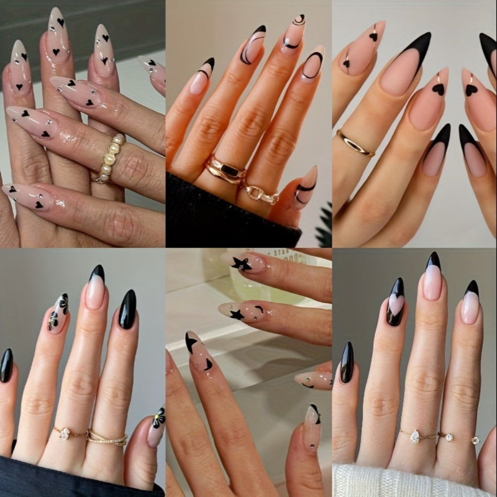 Press On Nails 144-Piece Short Almond Set with Pink Flowers, Rhinestones, Black French Tips and Glue — image 3