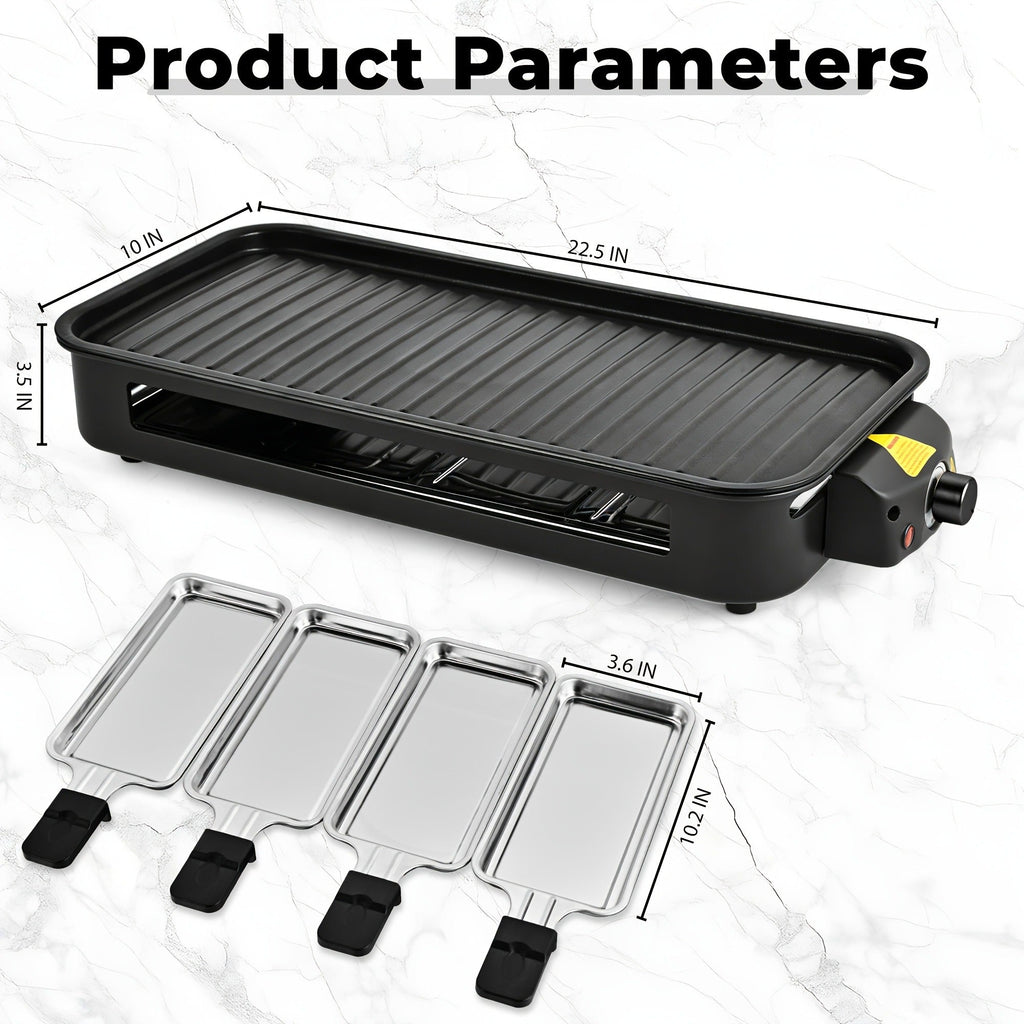 Indoor Smokeless Electric Grill 1500W Non-Stick Raclette Table Grill with Removable Plate & 3 Mini Pans Compact BBQ Griddle —