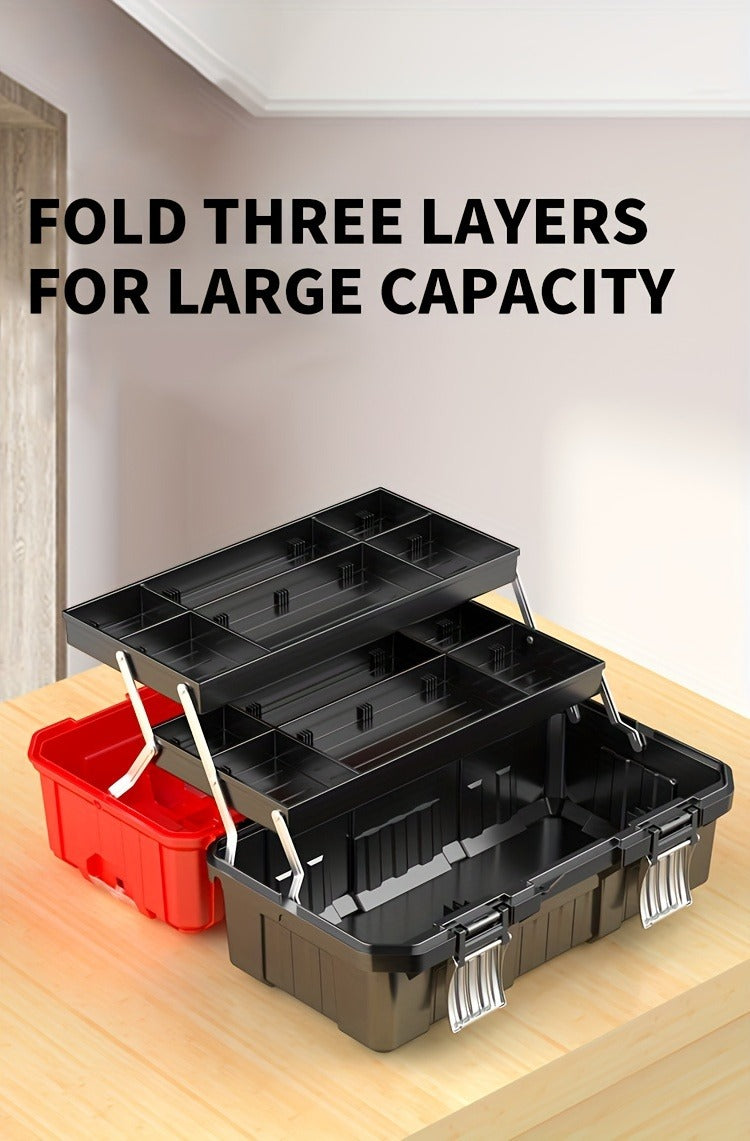 Portable Toolbox Organizer with Tray & Dividers – 17/21 Inch Heavy-Duty 3-Layer Folding Tool Storage Box for Home, Garage & W