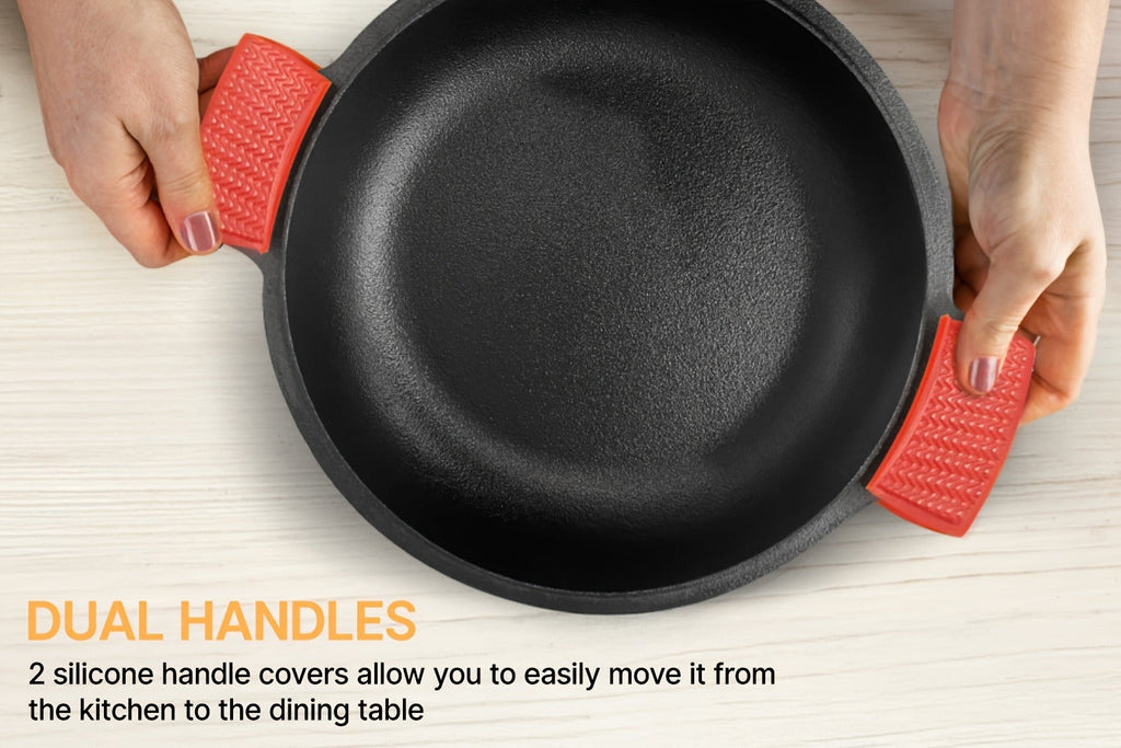 Pre-Seasoned-Labeled Cast Iron Dutch Oven with Reversible Skillet Lid, Trivet, Handle Covers and Scraper — image 13