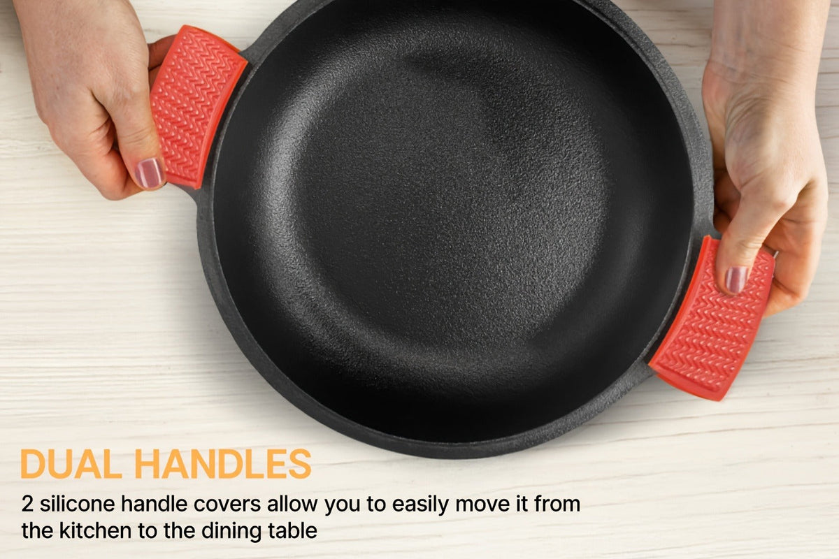 Pre-Seasoned-Labeled Cast Iron Dutch Oven with Reversible Skillet Lid, Trivet, Handle Covers and Scraper — image 13