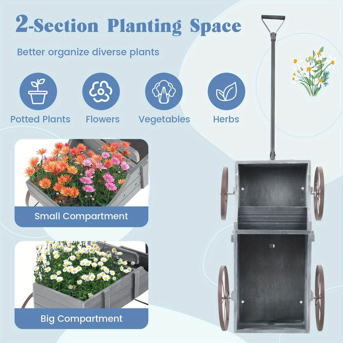 Wooden Flower Stand with 4 Wheels, Rolling Plant Trolley for Garden, Balcony & Terrace, for Garden, Patio and Yard Use — imag
