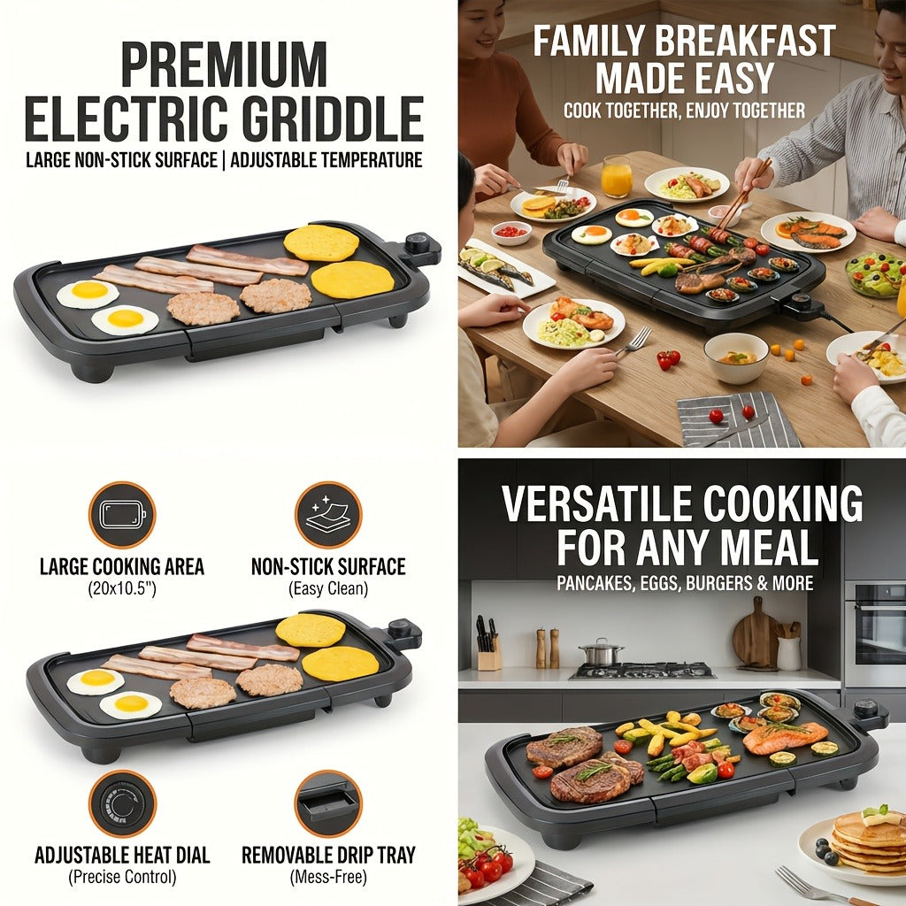 Electric Griddle Non-Stick Teppanyaki Grill Pan, Frying & Grilling All-in-One for Eggs, Steaks, Bacon — image 15