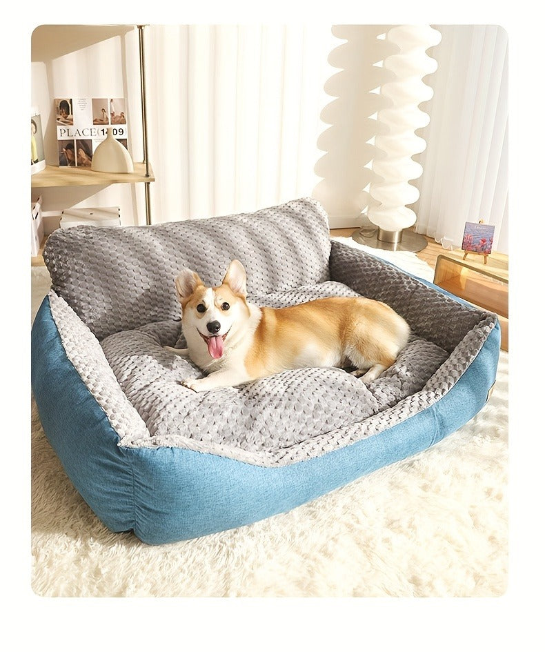 Blue-Gray Dog Bed Couch with Raised Back and Side Bolsters in Four Sizes, Plus One Random Cat Teaser — image 11