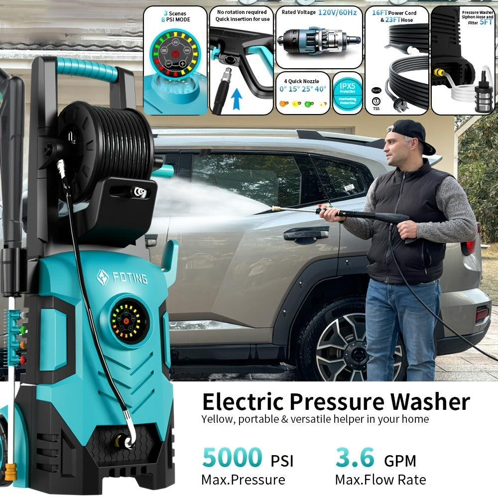 Pressure Washer 5000PSI Electric Power Washer 2.4-3.6GPM Adjustable 8-Level Touch Screen 34" Tall for Garden, Patio and Yard 