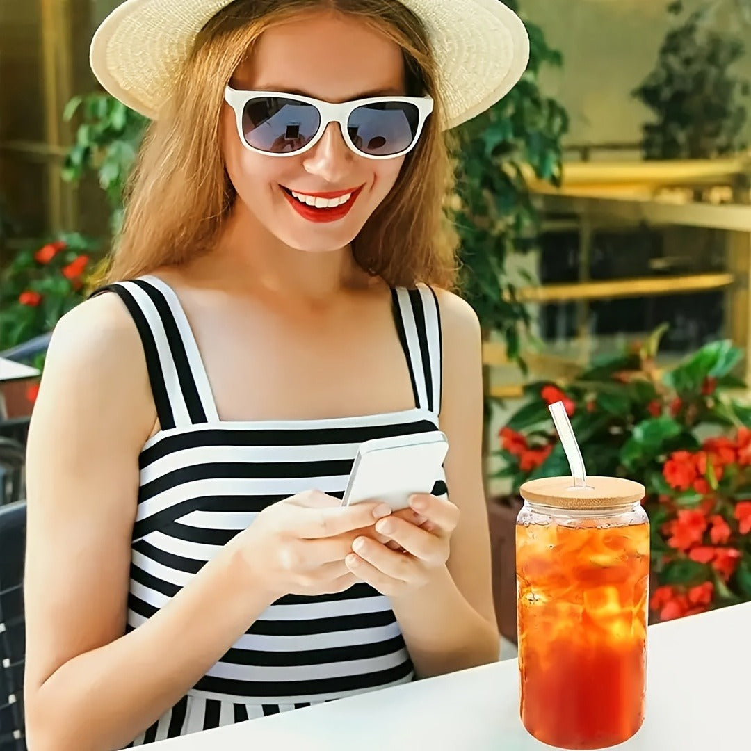Drinking Glasses Set with Lid and Straw 550ml Oval Glass Cups 4 or 6 Piece, for Home Cooking, Dining and Outdoor Meals — imag