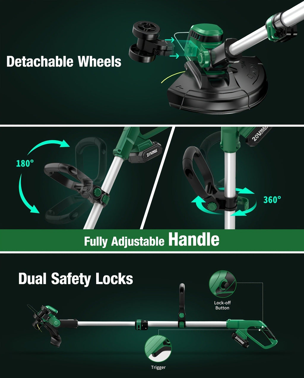 String Trimmer Cordless 2-in-1 Weed Wacker & Lawn Edger with Wheels, KIMO Brushless Motor 20000 RPM — image 13