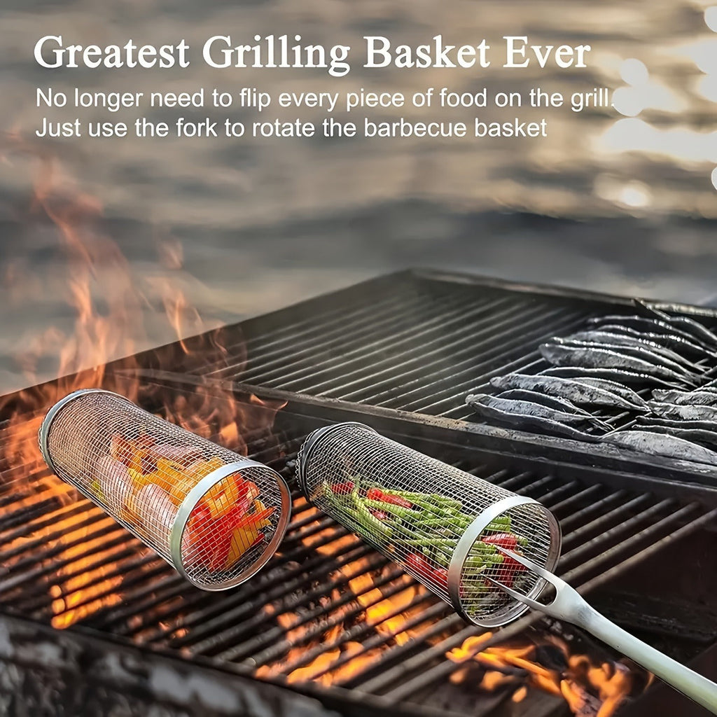 Rolling Grill Basket Stainless Steel 2-Pack, Cylinder BBQ Basket with Hook & Fork for Vegetables — image 13
