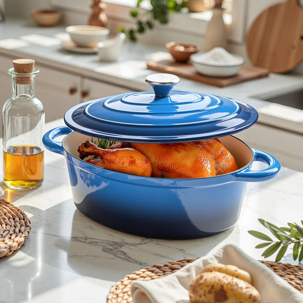 Dutch Oven Enameled Cast Iron 4.5QT with Lid & Dual Handles – Oval Non-Stick Enamel Coating for Bread Baking Soups Stews Brai