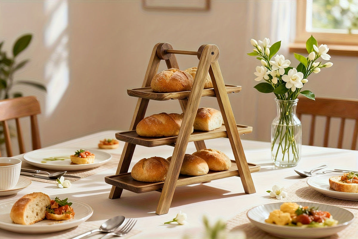 Cake Stand 3 Tier Wooden Serving Tray Farmhouse Dessert Display Cupcake Tower Bread Basket Collapsible Tiered Platter for Wed