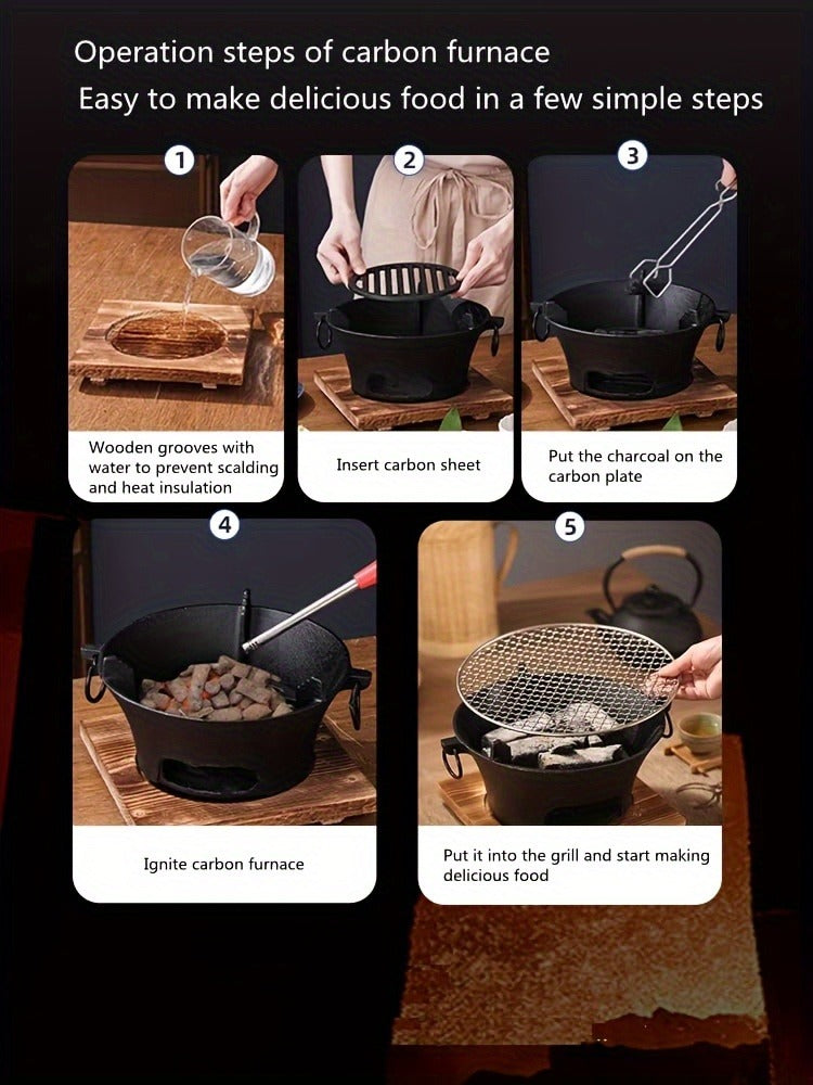 10.6-Inch Round Charcoal Grill Set with Cast-Iron Body, Cooking Grid, Wooden Base and Tongs — image 13