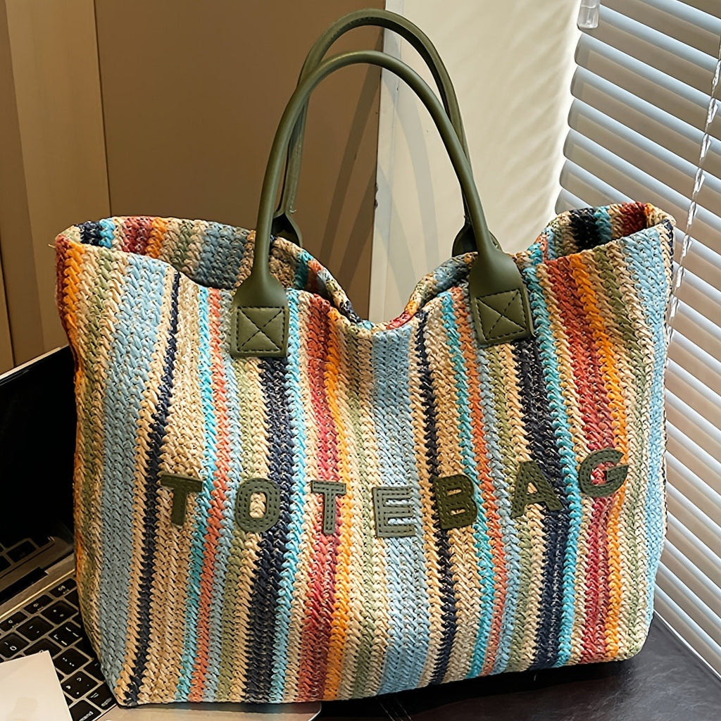 Straw Tote Bag for Women Large Capacity Bohemian Hand-Woven Striped Beach Bag Summer Vacation Shoulder Bag Colorful Letter Pa