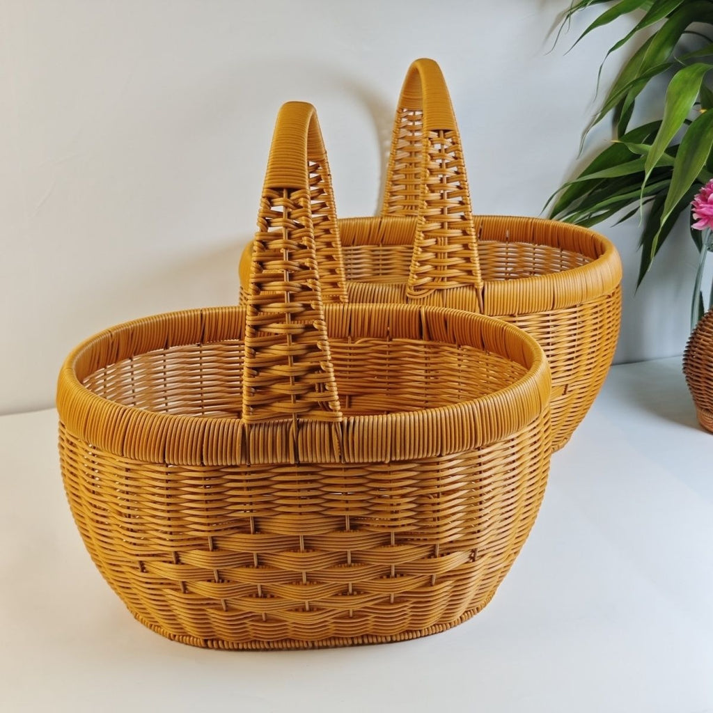 Rattan Basket Woven Shopping Basket with Handle – Extra Large Handcrafted Picnic Basket for Fruits, Eggs, Vegetables — image 