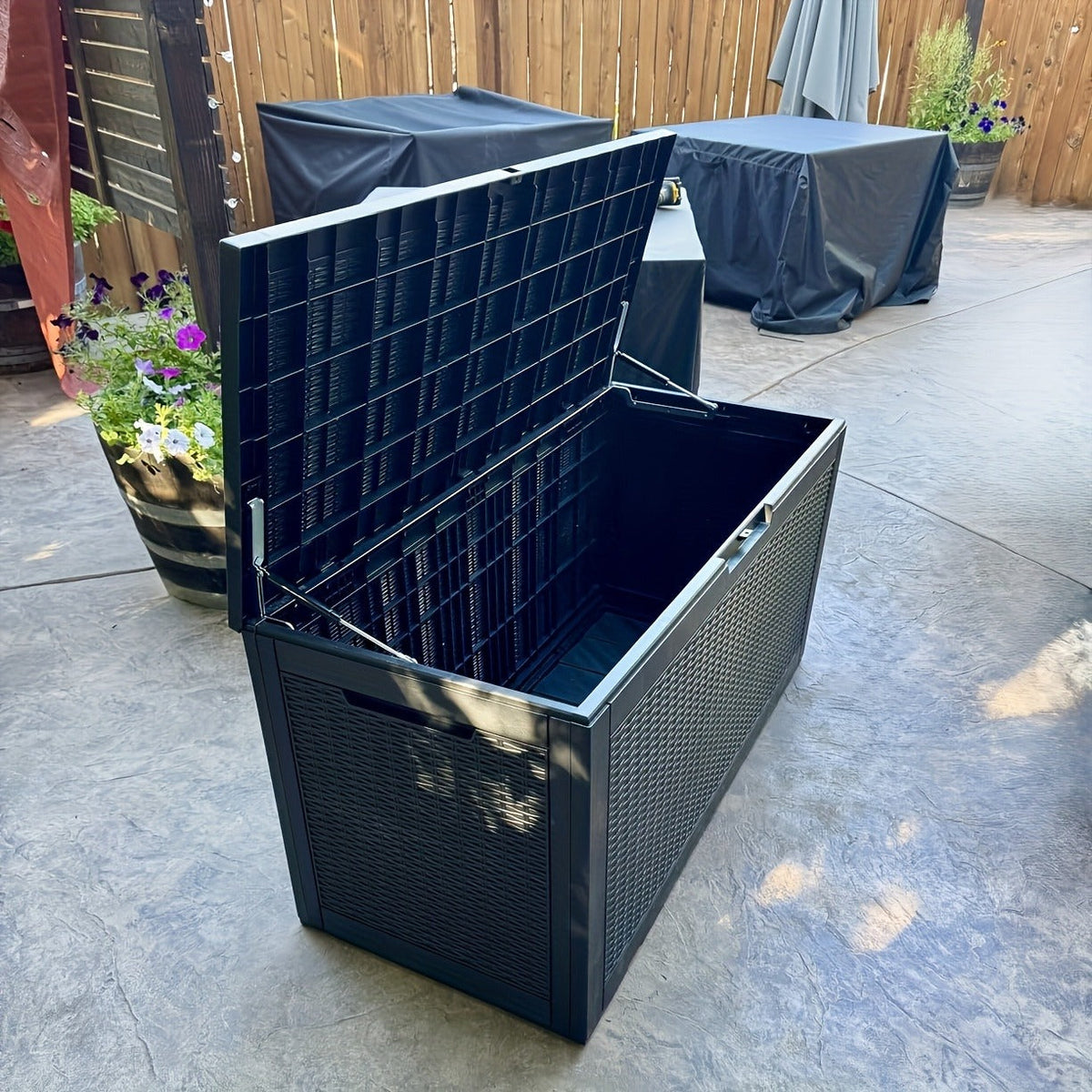 Large Gray Rattan-Look Outdoor Storage Box with 110-Gallon Pictured Capacity, Handles and Hinged Lid — image 9