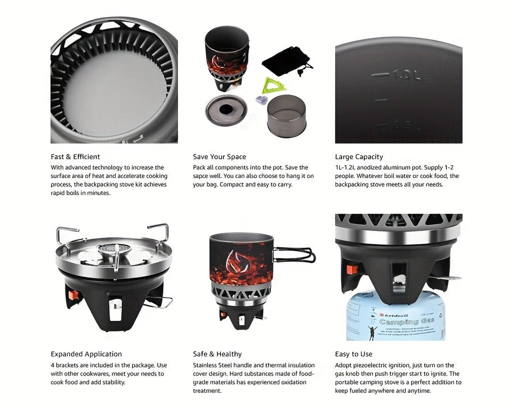 Backpacking Stove Cooking System with Pot Piezo Ignition 1KW Isobutane Burner 1.2L Pot Brackets Included for Garden, Patio an