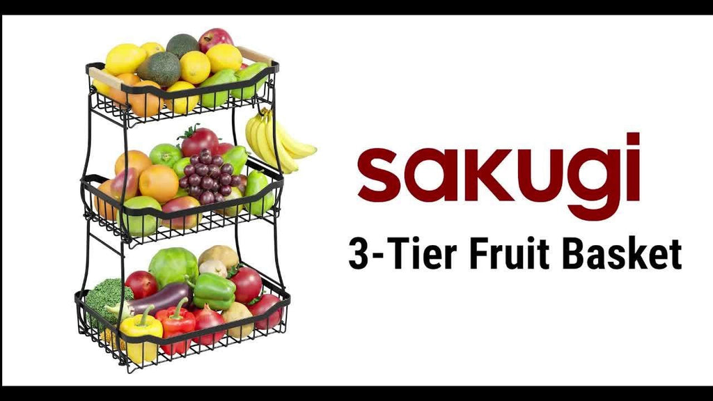Tiered Fruit Basket Kitchen Organizer with Banana Hook, Removable 2 or 3 Metal Baskets and Wood Handle — image 14