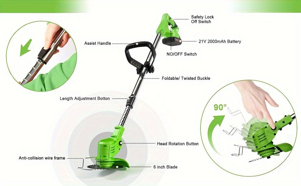 Cordless String Trimmer 24V 800W, Weed Wacker with 2 Batteries, Charger & 3 Blades, Adjustable Head — image 15