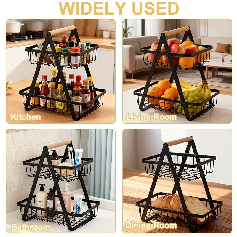Fruit Basket Kitchen Organizer 2 or 3 Tier Metal Stand with Removable Wooden Handles for Countertop — image 14