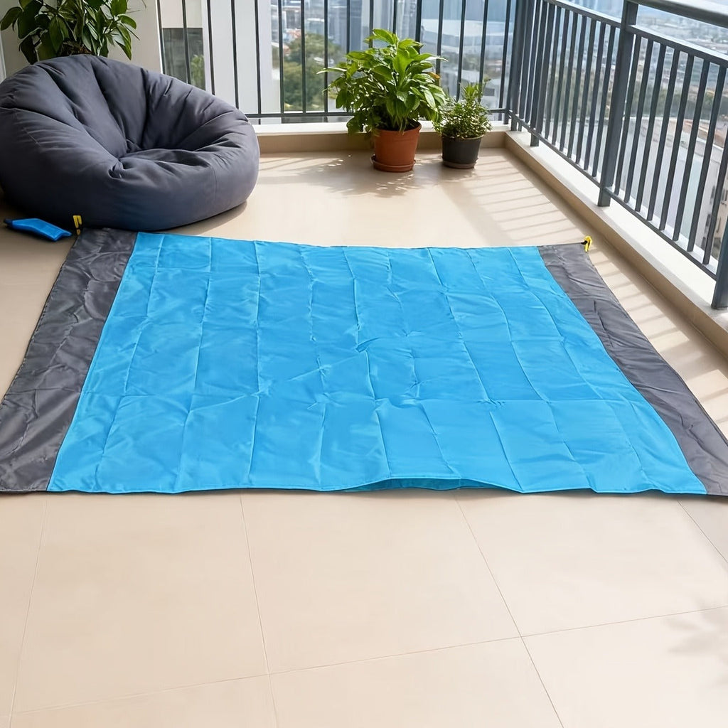 210 x 200cm Picnic Mat with Blue Center Panel, Grey Border, Drawstring Carry Pouch and Ground Stakes — image 13