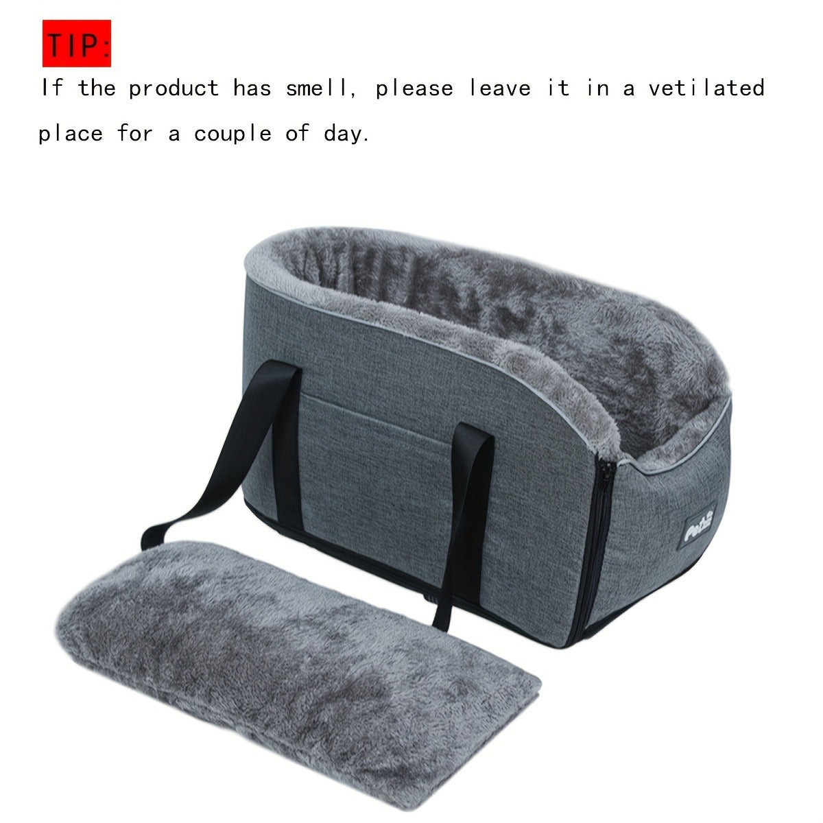 Open-Top Pet Carrier Car Seat Tote with Padded Rim, Attachment Straps, Interior Clip and Grey Fabric Exterior — image 7