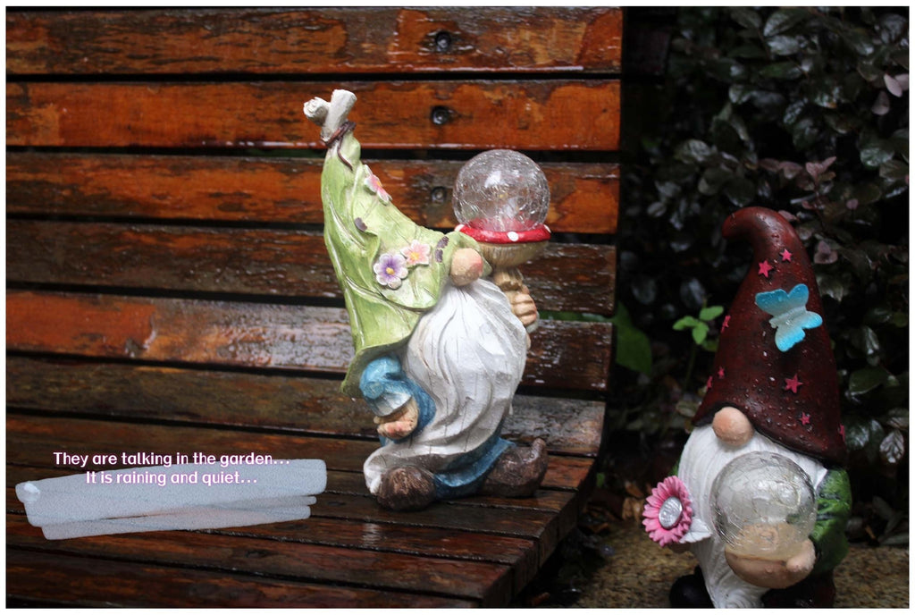 Solar Garden Gnome Statue with LED Magical Ball Light Outdoor Resin Dwarf Sculpture IP44 Waterproof Spring Yard Patio Decor H