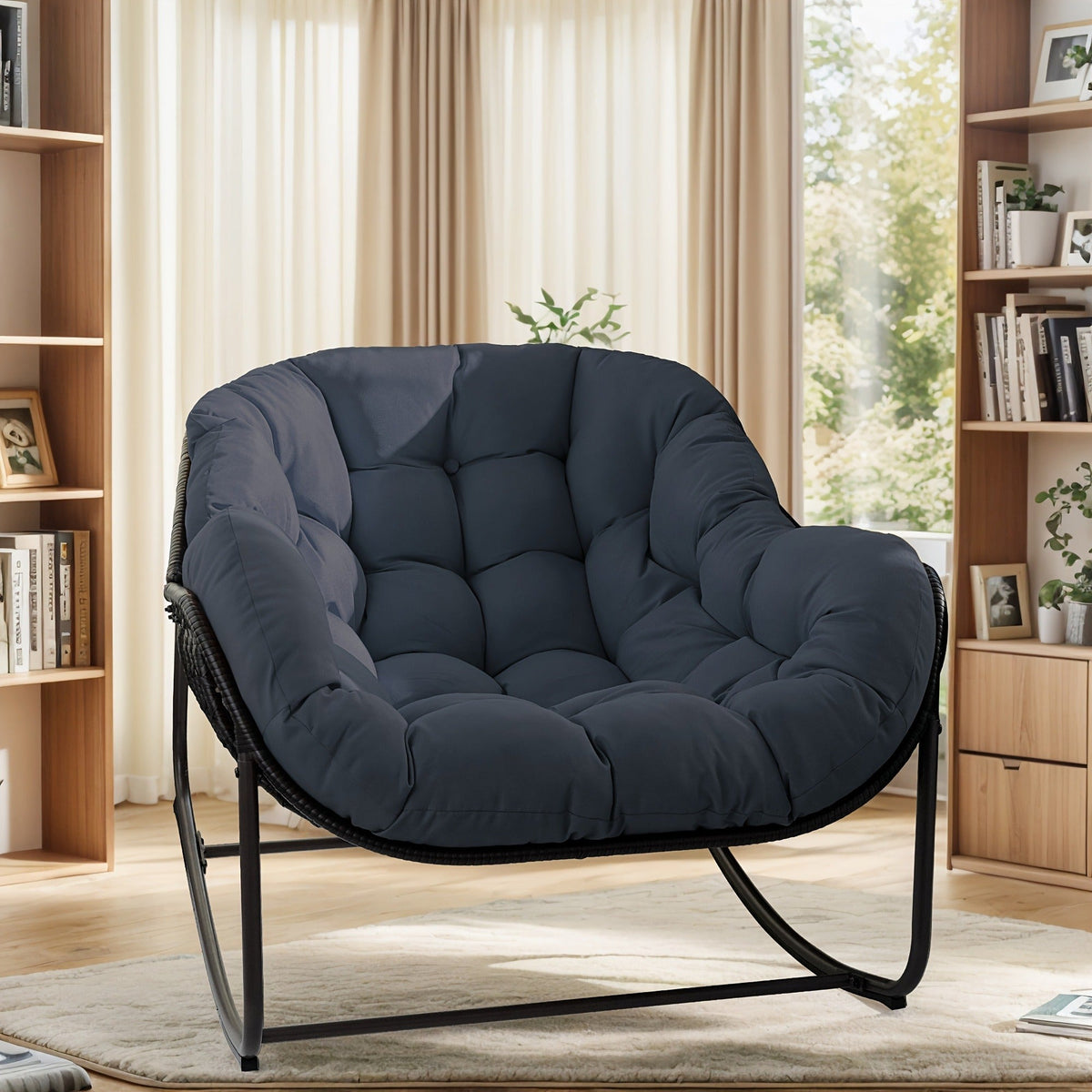 Papasan Rocking Chair Outdoor Wicker Egg Chair with Cushion & Pillow, Large Patio Rocker for Garden — image 12