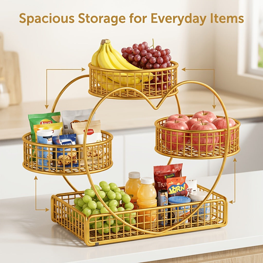 Three-Tier Gold-Tone Wire Fruit Basket with Three Round Bowls and Rectangular Countertop Base — image 13