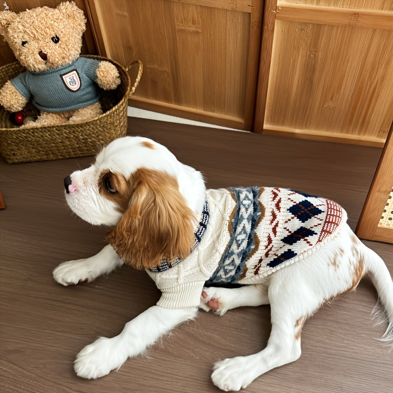 Cable-Knit Dog Turtleneck Sweater with Fair Isle Pattern, Beige or Blue and Five XS–XL Sizes — image 9